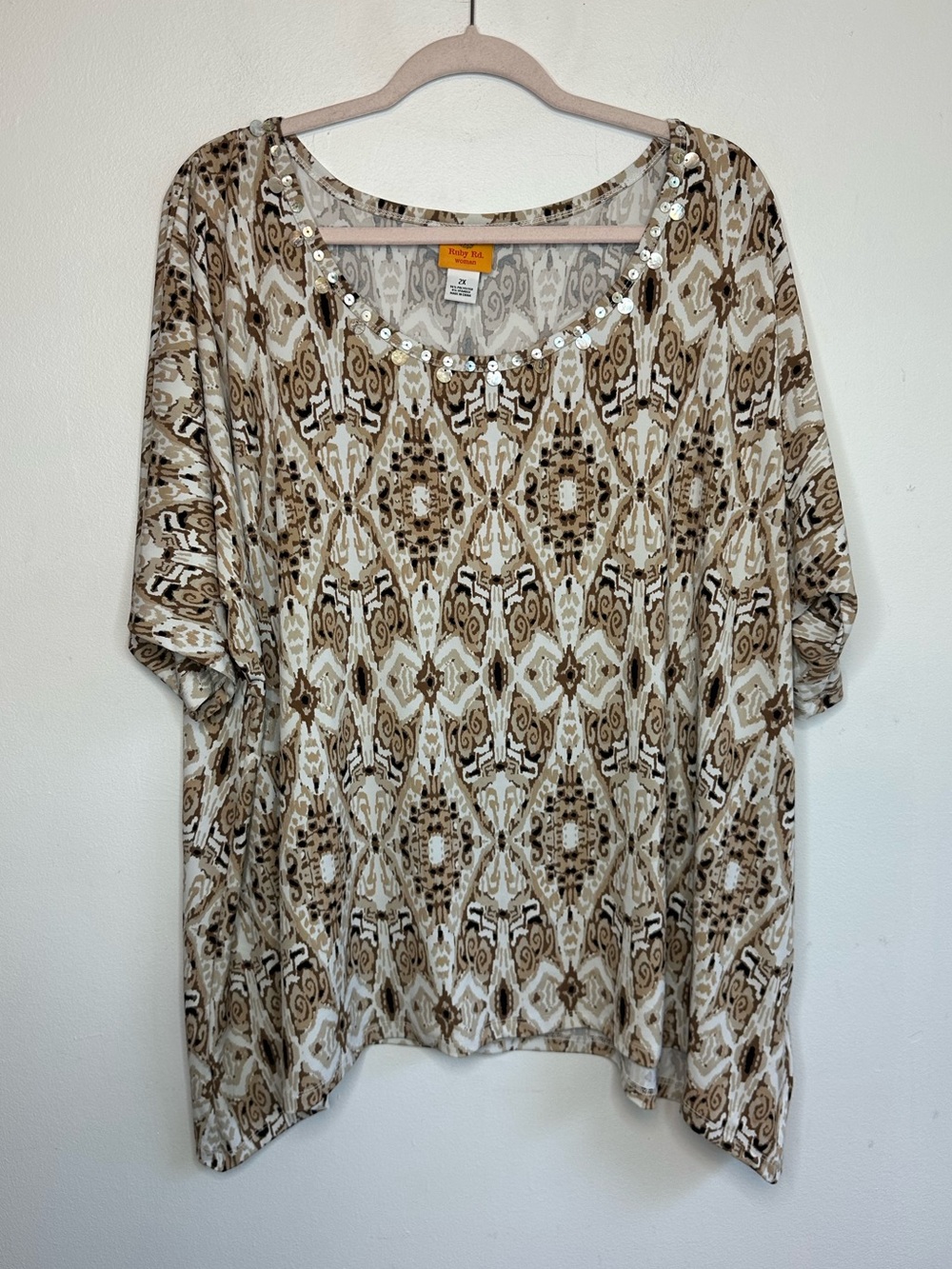 Ruby Rd Womens Brown Tan Geometric Design Short Sleeve Knit Top Size 2X - Picture 1 of 7
